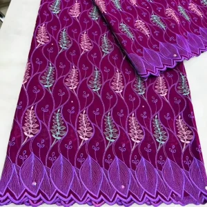 African Swiss Voile Cotton Lace Fabric with Multicolor Leaf Embroidery & Rhinestones Nigerian Cotton Fabric for Women’s Dresses