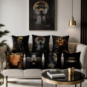 African Woman Headwrap Throw Pillow Cover Soft Polyester Black Portrait Art Cushion Case Accent Shell for Couch