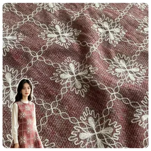 All Polyester Lurex Gold Thread Cord Embroidery Fabric Red Floral Grid Tweed Cloth for Blazer Vest Dress Hat Bag Custom in Stock
