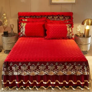 All Season Bedspread and Bed Skirt Velvet Soft Conjunto De Cama 3Ps Floral Pattern for Home Use