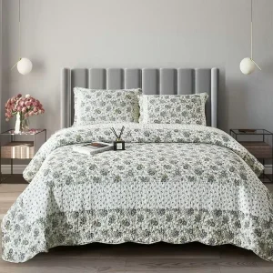 All Season Decorative 3 Piece Floral Quilt Coverlet Set Lightweight Reversible Bedspread for Guest Room Vacation Home