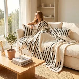 All-Season Stripe Thick Flannel Sherpa Blanket Soft Skin Friendly Reversible Oversized Warm Bed Sofa Throw for Home