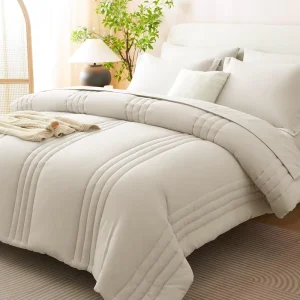 All Seasons Luxury Queen Size Comforter Set 7 Piece Soft Bedding Set Beige with Sheets
