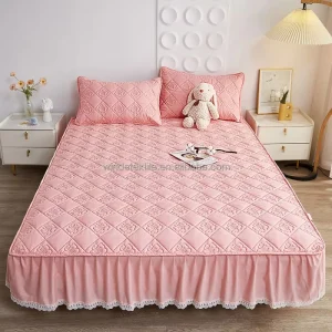 All cotton White Lace edged Fitted Sheet Large Floral Embroidered Checkered Pattern Quilted Bed Skirt Three piece Set