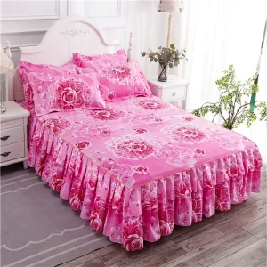 Aloe Cotton Double Layer Bedspread Floral Printed Bed Sheet Bilateral Bed Skirt + 2 Pair of Pillowcase Bed Sheets