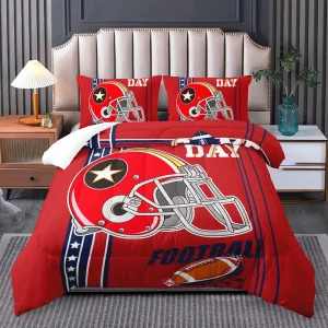 American Football Helmet Printed Comforter Set Queen King Size Red Sports Themed Fluffy Bedding Set for Teen Bedroom