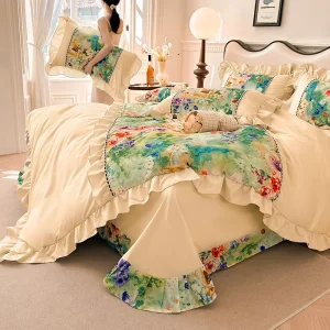 American French Bohemian Style Green Flower PrintedCotton Ruffled 4PCS Duvet Cover Set