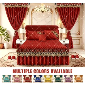 American Luxury Embroidery Lace Bedskirt Set Quilted 5PCS Cotton Touch Bedding Set with Curtains & Pillowcase for Home or Hotel