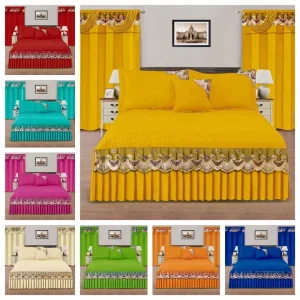American Luxury Embroidery Lace Bedskirt Set with Quilted Filling 5 PCS With Curtains & Pillowcase for Home or Hotel