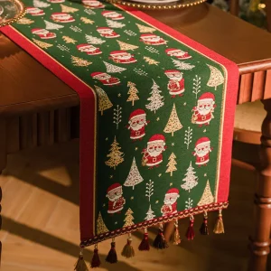 American Retro Christmas Table Runner New Jacquard Woven with Tassel Cover for Restaurant Decor or Bed End Runner