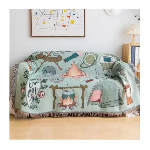 American Retro European Luxury Picnic Throw Custom Woven Jacquard Eco Friendly Soft Camping Blanket Tassels Floral Cartoon