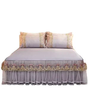 American Style 100% 3D Printed Embroidery Ice Silk 400TC 3PCS Bed Skirts with Lace Washable for Home Use
