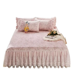 American Style 100% Cotton Bed Skirts Waterproof Floral Embroidered Lace Bed Skirt with Lace Embroidery