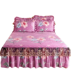 American Style 3 PCS Waterproof Polar Fleece Jacquard Floral Printed Embroidery Bed Skirts Cover Set with Lace 400TC Washable