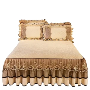 American Style 3d Printed Winter Beige Cotton Velvet Quilted Bed Skirts for Wedding