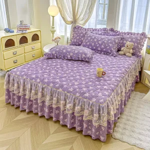 American Style 3pcs Set Polyester Lace Reactive Printed Floral Washable 200TC Anti-static Breathable Home Bed Skirt