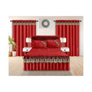 American Style 5 Piece Quilted Bed Skirt Set Luxury Lace Embroidery Bed Skirt King Size Cotton Filling Bedding Set with Curtains