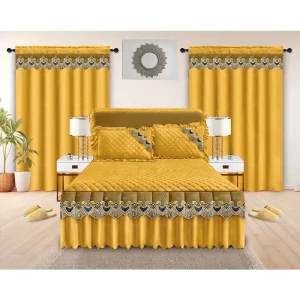 American Style 9 Pieces Solid Bed Skirt Set Luxury King Size Lace Bedskirt with Matching Curtain Cotton Filling Bedding Set