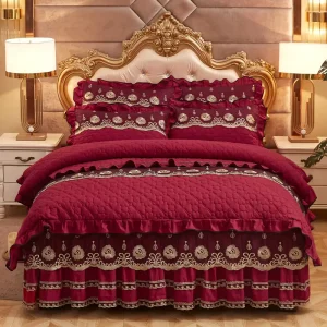 American Style Burgundy Embroidery Velvet 4PCS Blanket Quilt Comforter Bed Sheet Duvet Cover Set