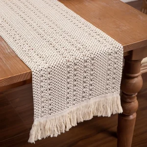 American Style Cotton Farmhouse Vintage Jacquard Hand Woven Beige Burlap Washable Customizable Macrame Table Runner