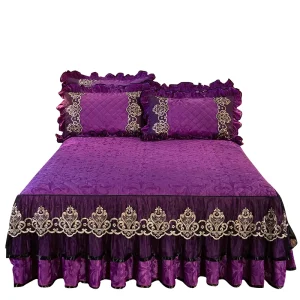 American Style Flora Plant Purple Velvet Quilted Bed Skirts Covers for Home Wedding