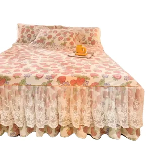 American Style Floral Embroidered Bed Sheet and Skirt Set Waterproof Flannel Fleece Home Use