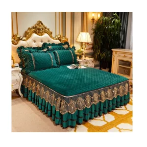 American Style Green Luxury Sleep Aid Embroidery Velvet 400TC Jacquard Washable Hotel Wedding Bed Skirts