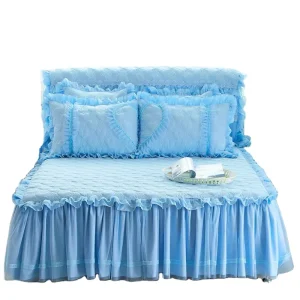 American Style Handmade Embroidered Bed Skirt Natural Ruffle Cotton with Flower Plant Design