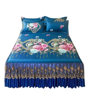 American Style Ice Silk Lace Embroid Linen Blend Flower Plant Trimmed Elastic Detachable Bed Covers