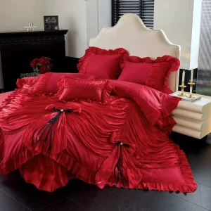 American Style Luxury Big Red Wedding Lace Pure Cotton Jacquard Bed Cover Duvet Cover Sets