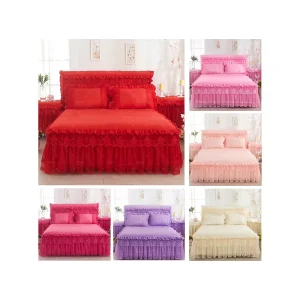 American Style Luxury Princess Bedding Sheet Set Lace Bed Skirt with Pillowcases Wedding Bedding Set for Home Use