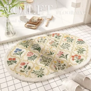 American Style Oval Bathroom Mat Cashmere Like Absorbent Dirty Resistant Washable Plush Toilet Door Mat Plants Flowers Pattern