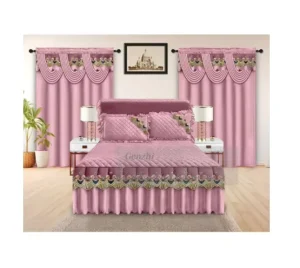 American Style Quilted Bedspread Set 5PCs Cotton Bed Sheet Lace Bed Skirt Bedding with Matching Curtains