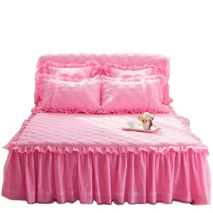 American Style Romantic Exquisite Pink Bed Skirt Two Layers with Embroidery Organic Cotton for Home Use