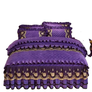American Style Sleep Aid Embroid Winter Thicken Crystal Velvet 4pcs Lace Bed Cover Set