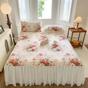 American Styles 3 Piece Cool Fiber Reactive Printing Bed Skirt Floral Pattern Plant Flowers Bedding Accessory