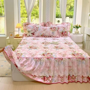 American Styles 3pcs Set Floral Bed Skirt Polyester Lace Printed Reactive Flowers for Home Use