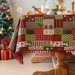 American Vintage Christmas Cotton Linen Tablecloth Holiday Party Decorative Table Cover Rectangular Dining Table Runner