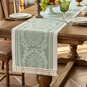 American Vintage Floral Jacquard Tassel Table Runner Poly Blend for Christmas Party Dining Table TV Stand Home Decor