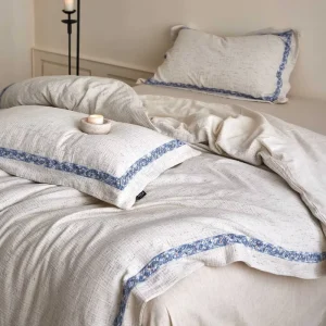 Ancient Style Cotton Linen Bedding Set Natural Color Plant Jacquard Blue Edge Skin Friendly Luxury Bed Sheets