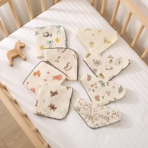 Animal striped Hand drawn Floral Print Crescent moonbordered Gauze square Towel Fur Ball Lace Pure Cotton Class Small Towel