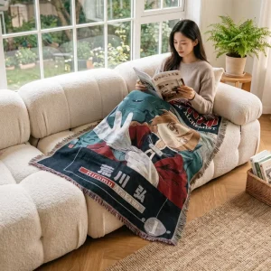 Anime Jacquard Woven Blanket Cotton Polyester 4.3×5.2ft Custom Wall Tapestry Sofa Throw Outdoor Picnic Rug Tassel Edge Four