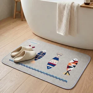 Anti Slip Absorbent Bathroom Mat Quick Dry Bath Rug Machine Washable Shower Floor Carpet with Cute Fish Pattern