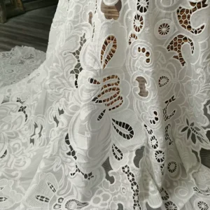 Anti Static 288 GSM Abstract Floral Spring Yarn Laser White Polyester Curtain Bedding Lace Fabric