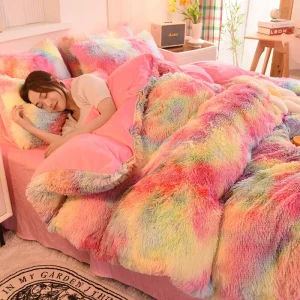 Anti Static 4 Piece Bedding Set with PV Velvet Long Plush Milk Fleece Bedsheet Thickened Bed Sheets Duvet Cover Set Pillowcase