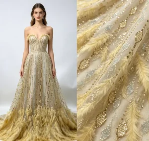 Anti-static 100% Polyester Luxury Handmade Pale Gold Multi-Color Rhinestone Embroidery Mesh Lace Fabric Tiered Feather