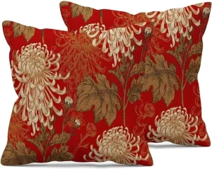 Art Deco Throw Pillow Covers Set of 2 Polyester with Zipper Closure Red Floral 18×18 Inch Living Room Bedroom Sofa Pillowcases