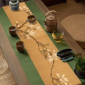 Asian Style Bamboo Table Runner with Ancient Chinese Paintings Floral Magnolia Design Zen Decor Table Mat for Home Office Decor