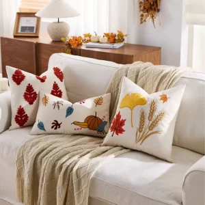 Autumn Maple leaf Embroidered Square Cotton Linen Pillowcase Instagram style Sofa Bedside Backrest Cushion