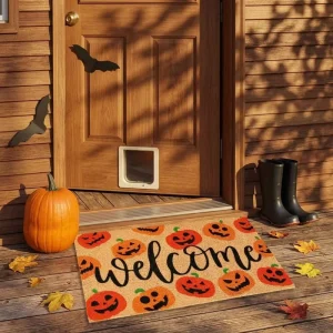 Autumn Thanksgiving Pumpkin Coil Thin Rectangle Mat Dirt resistant Scraping Soil resistant Non slip Entrance Door Mat Hapton